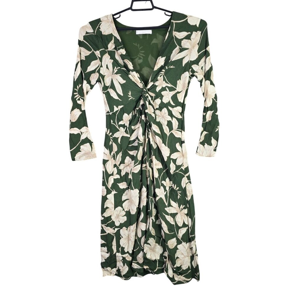Womens MNG Green Floral Print 100% Viscose Dress 3/4 Sleeves Gathered Front 8